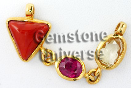 Celestial 3 gemstone trinity pendant/ Triratna Jyotish Talisman-Potent and powerful! Ruby, Red Coral & Yellow Sapphire in a single pendant!