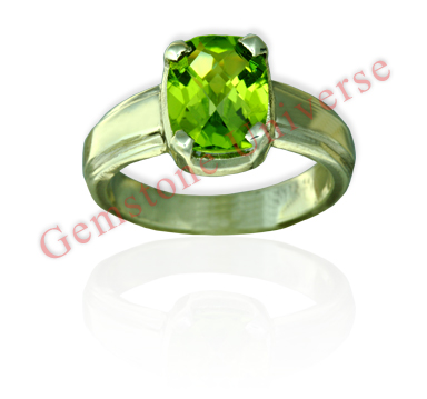 Superior Emerald Alternative!. Captivating Flawless - Calibrated Square Cushion cut Peridot and Lovely Mercury energies set in Sterling Silver ring. Peridot gives far better results as an Emerald alternative as compared to Tsavorite or Green Tourmaline.