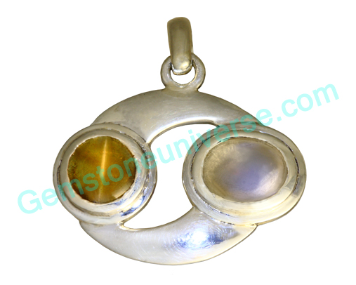 A fantastic rare combination of a Blue sheen Moonstone, the superior alternative for Natural pearl, the gemstone of Moon, and a Chrysoberyl Cats eye / Lehsunia, the gem of the South node, Ketu, in a breathtakingly calming pendant that just instantly gives