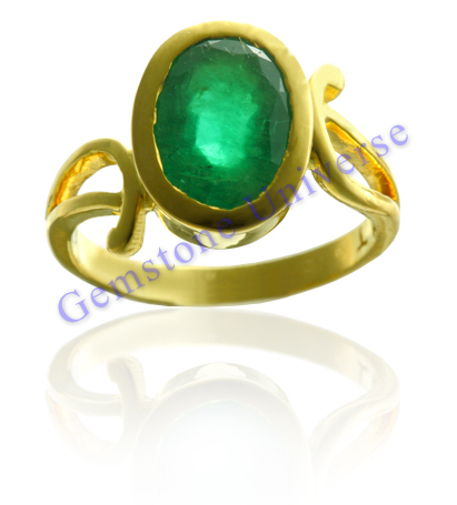 Deep Green Brazilian Emerald set in Victorian Design Ornate Gold Ring. Characteristic Brazilian Emerald color for superior results for Mercury the planet of Finance, wealth and communication.