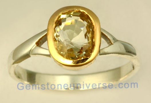 Novel method for correct implementation of Gem Therapy! Great tip for those on a budget!. Entry Level Yellow Sapphire set in Gold mounting and Silver ring. Yellow Sapphire the gemstone of Jupiter.Gemstoneuniverse.com