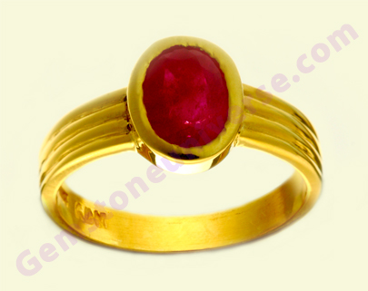 Rare and exotic Mong Hsu Mine imperial pigeon blood ruby set in 22KDM Gold ring. A joyful experience to see a fully natural, non glass filled ruby.
