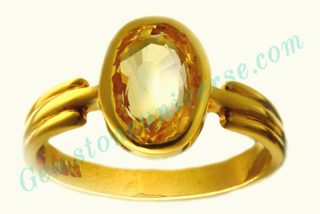 Loupe clean Sri Lankan unheated Yellow Sapphire set in Gold ring. Munificent Brihaspati energies in this flawless Pukhraj. Gemstoneuniverse.com