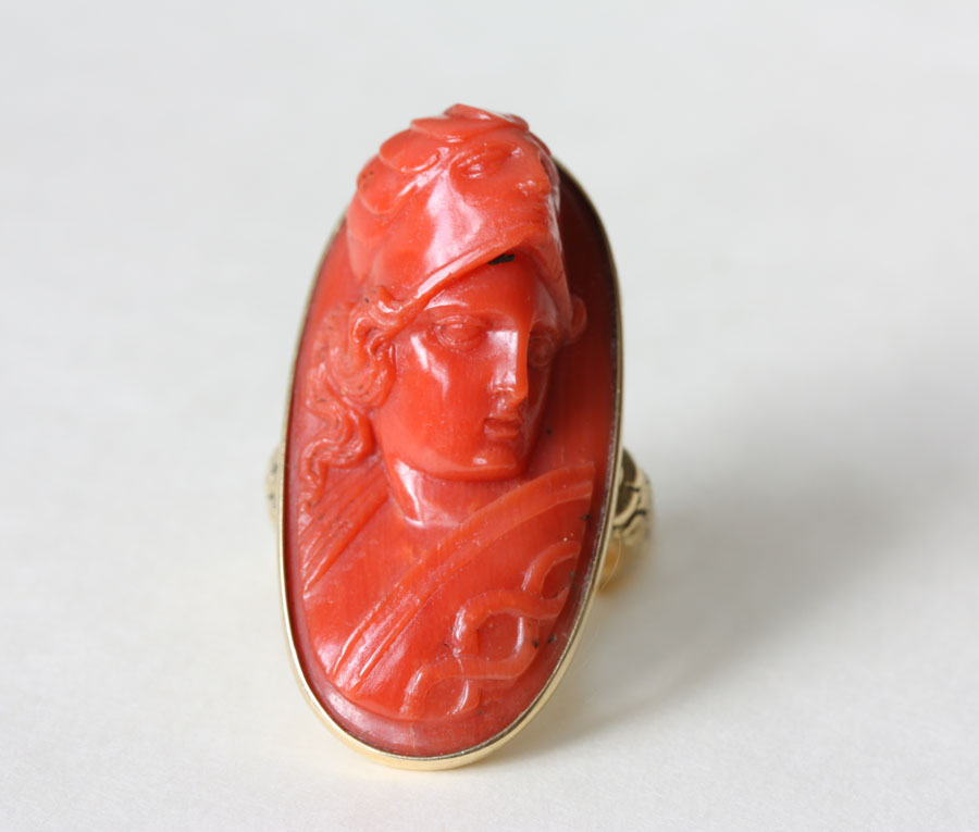 Fabulous Red Coral Cameo in 18 K Gold ring depicting the Goddess Minerva with her helmet and shield-Circa 1800-Gold Georgian Setting Fabulous Red Coral Cameo in 18 K Gold ring depicting the Goddess Minerva with her helmet and shield-Circa 1800-Gold Georgian Setting