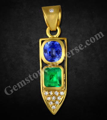 Bedazzling Astral Trinity Pendant having Colombian Emerald of 1.31 carat and Natural unheated Blue Sapphire of 1.91 carats & an array of Diamonds! A Planetary Talisman Par excellence with flawless Gemstones!