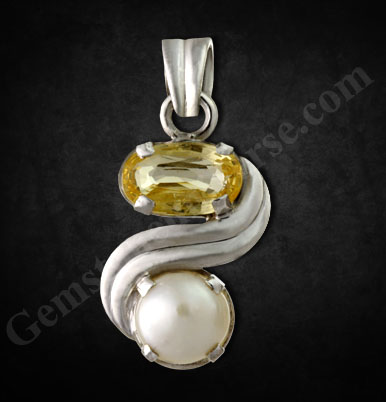 A talisman of unlimited powers! White with Cream Overtone Natural Pearl for Moon, Ceylon Golden Yellow, Natural Yellow Sapphire for Jupiter! Gemstoneuniverse.com