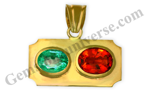 A talisman of mammoth powers and mystery! Vivid Zambian Green fully natural and unenhanced Zambian Emerald – The gem for Mercury and Deep burnt orangish Cinnamon Hessonite – the gem of Rahu! Gemstoneuniverse.com
