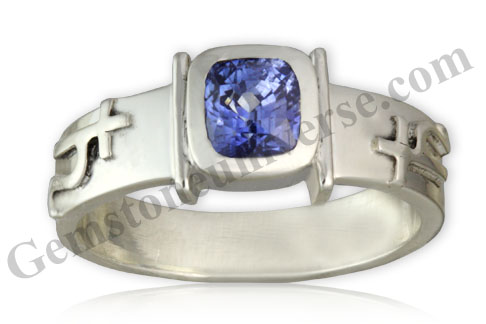 Eye Clean square cushion cut Blue sapphire with electric lustre in Saturn Talisman Ring! Gemstoneuniverse.com