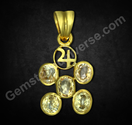 Exceptionally innovative implementation of gem therapy! Majestic Jupiter Talisman with ancient symbols of Jupiter and 5 flawless, eye clean Ceylon Yellow Sapphires. A powerhouse of Jupiter energies. Gemstoneuniverse.com