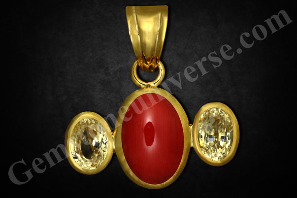 Experience the power of Mars combined with the Knowledge and benevolence of Jupiter in this potent talisman! Unique implementation of Gem therapy to use two small high quality Yellow Sapphires to make up the recommended weight. Gemstoneuniverse.com