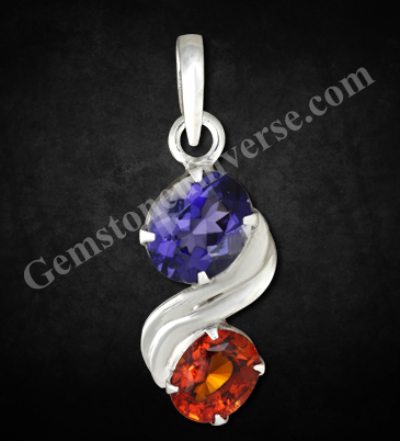 A unique talisman of Guru and disciple! Saturn the Guru of Rahu! Purplish Blue Madagascar Iolite for Saturn and Natural Ceylon Hessonite for Rahu! Gemstoneuniverse.com