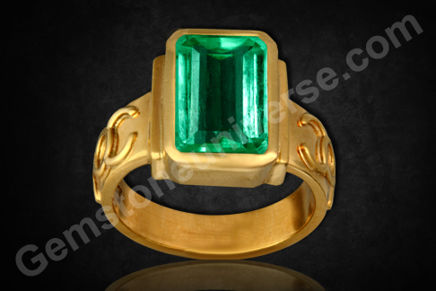 Whopping 3+ carats Colombian Emerald set in Gold Mercury Talismanic Ring. The exceptional clarity level makes it a top Jyotish Quality ring.