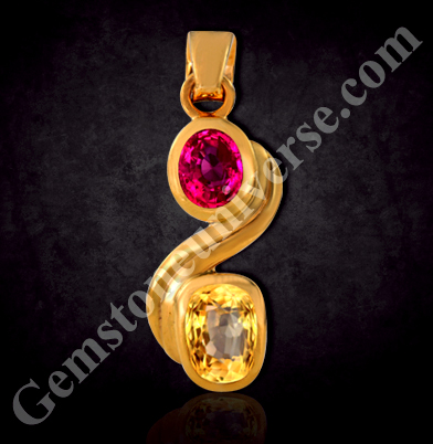 Victory comes by Able Guidance and Divine Blessings- Personalized Pendant having Ruby and Yellow Sapphire representing the Ruler & His Preceptor.
