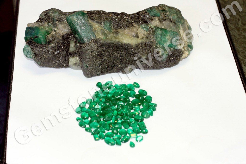 Zambian emerald rough with what the potential yield would look like. Zambian emerald rough with what the potential yield would look like.