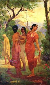 Raja Ravi Verma's Painting of Shakuntala turning to take a glimpse of King Dushyanta