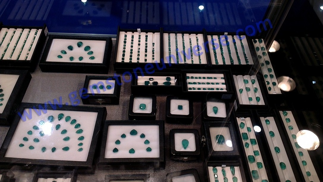 Section of the Gemstoneuniverse Exhibit having matched sets of Colombian Emeralds