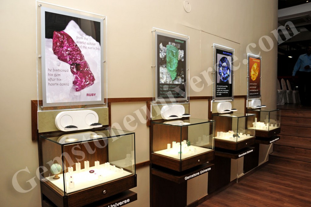 Section of the Gemstoneuniverse store telling the story of The Big Three of the colored Gemstone World - Rubies, Emeralds and Sapphires. The last display showcases Yellow Sapphire, the Gemstone of Brihaspati. Section of the Gemstoneuniverse store telling the story of The Big Three of the colored Gemstone World - Rubies, Emeralds and Sapphires. The last display showcases Yellow Sapphire, the Gemstone of Brihaspati.