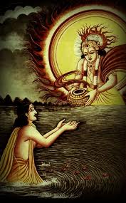 Yudhishthir receiving the Akshaya Patra from Surya