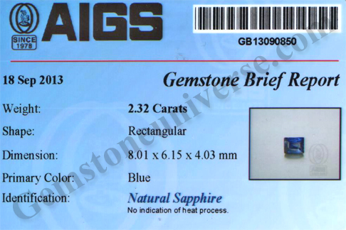 Unheated Blue Sapphire certificate