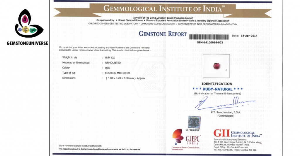 Gemstone Certificate of Natural Ruby