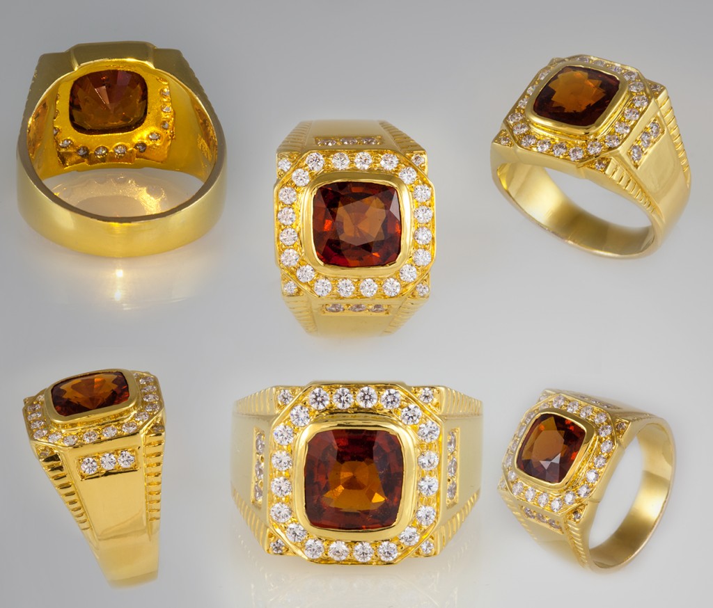 Photograph showing detailing of the fine Hessonite ring set in Gold