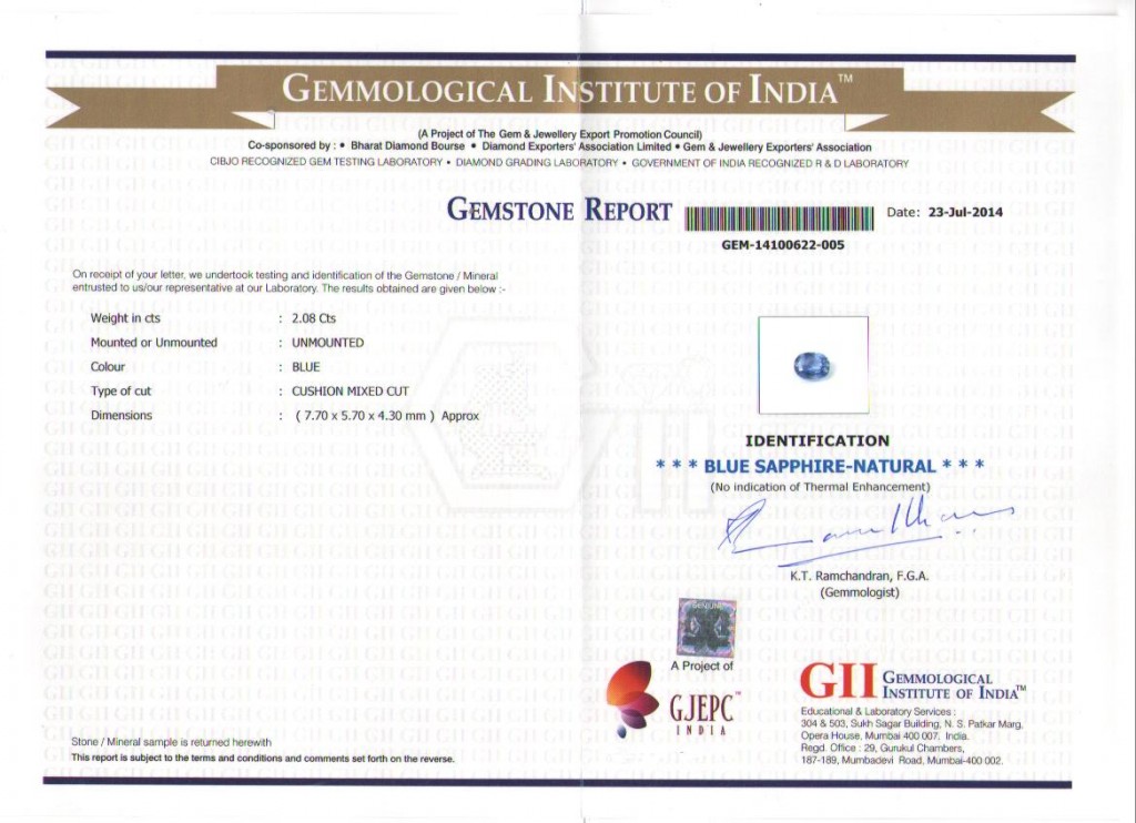 Blue Sapphire unheated certificate