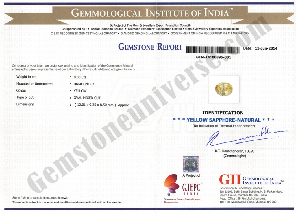Unheated Yellow Sapphire Gemstone Certificate
