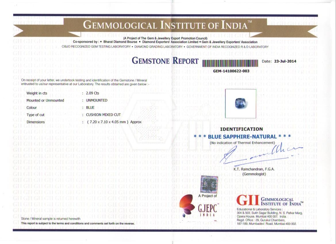 Gemstone Certification of the Blue Sapphire from GII certifying it as Natural and Free from Thermal enhancement