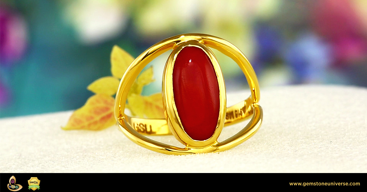 Fine Japanese Red Coral set in Gold ring from Gemstoneuniverse